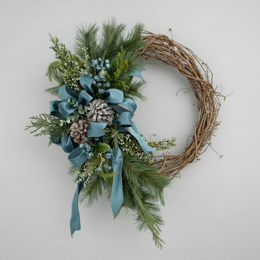 Decorative wreath with blue ribbons and pinecones against a snowy forest background