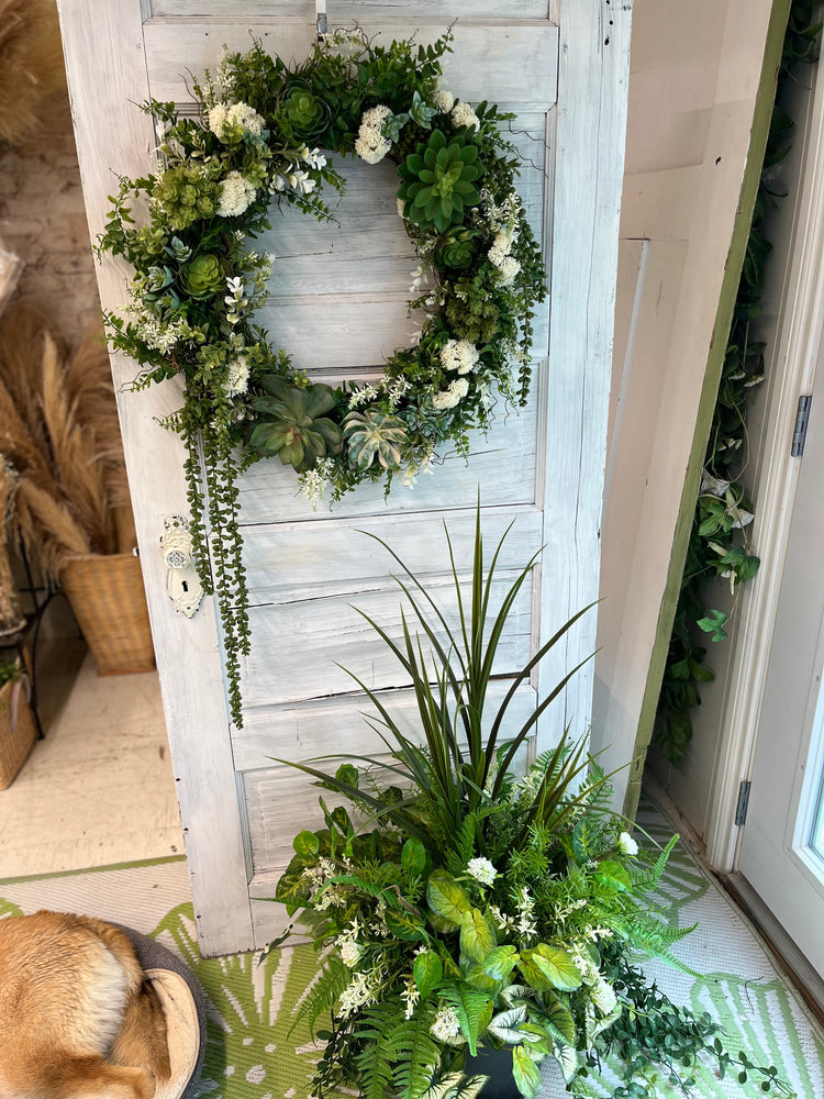 White and green succulent wreath