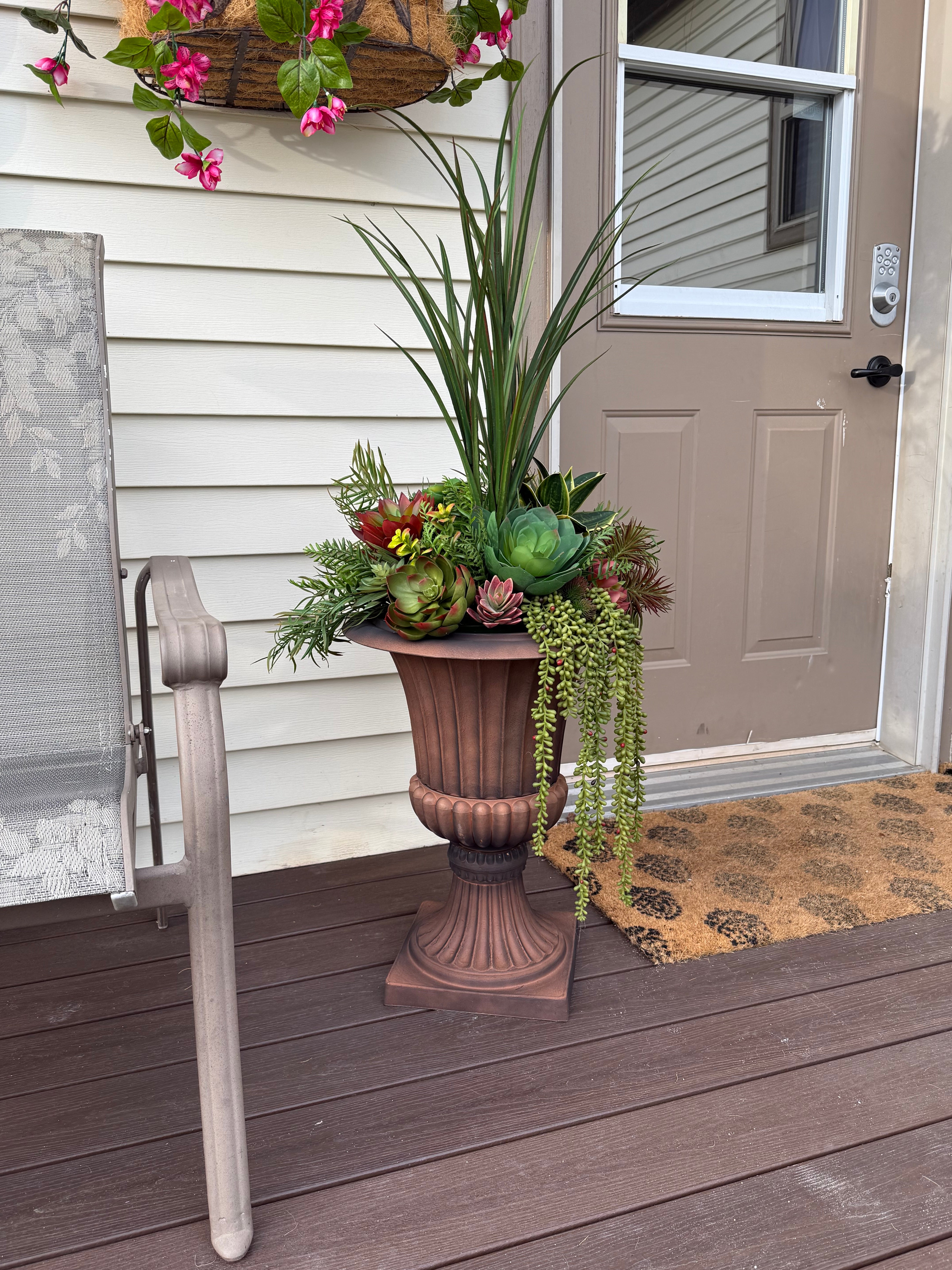 Faux Succulent Urn Arrangement for Front Porch | Outdoor Greenery Planter with Tall Grass Accent