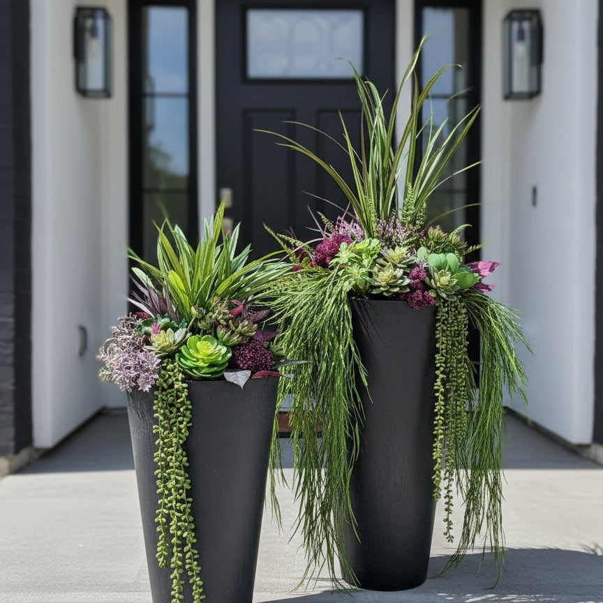 Two black planters with greenery and purple flowers on a textured surface.