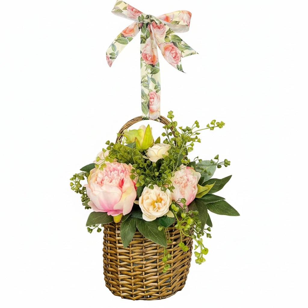 Decorative flower basket with a floral bow on a wooden door