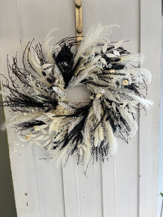Black and white faux pampas wreath