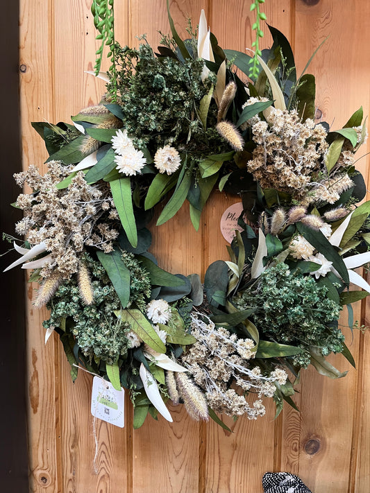 Green and cream dried floral wreath