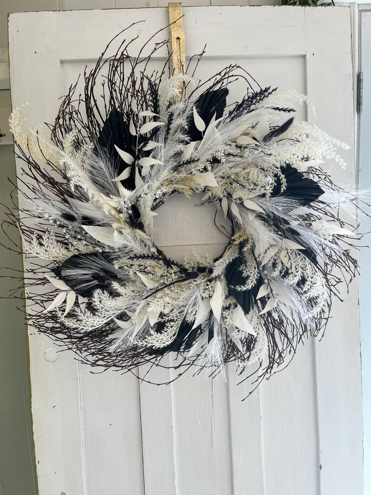Black and white faux pampas wreath