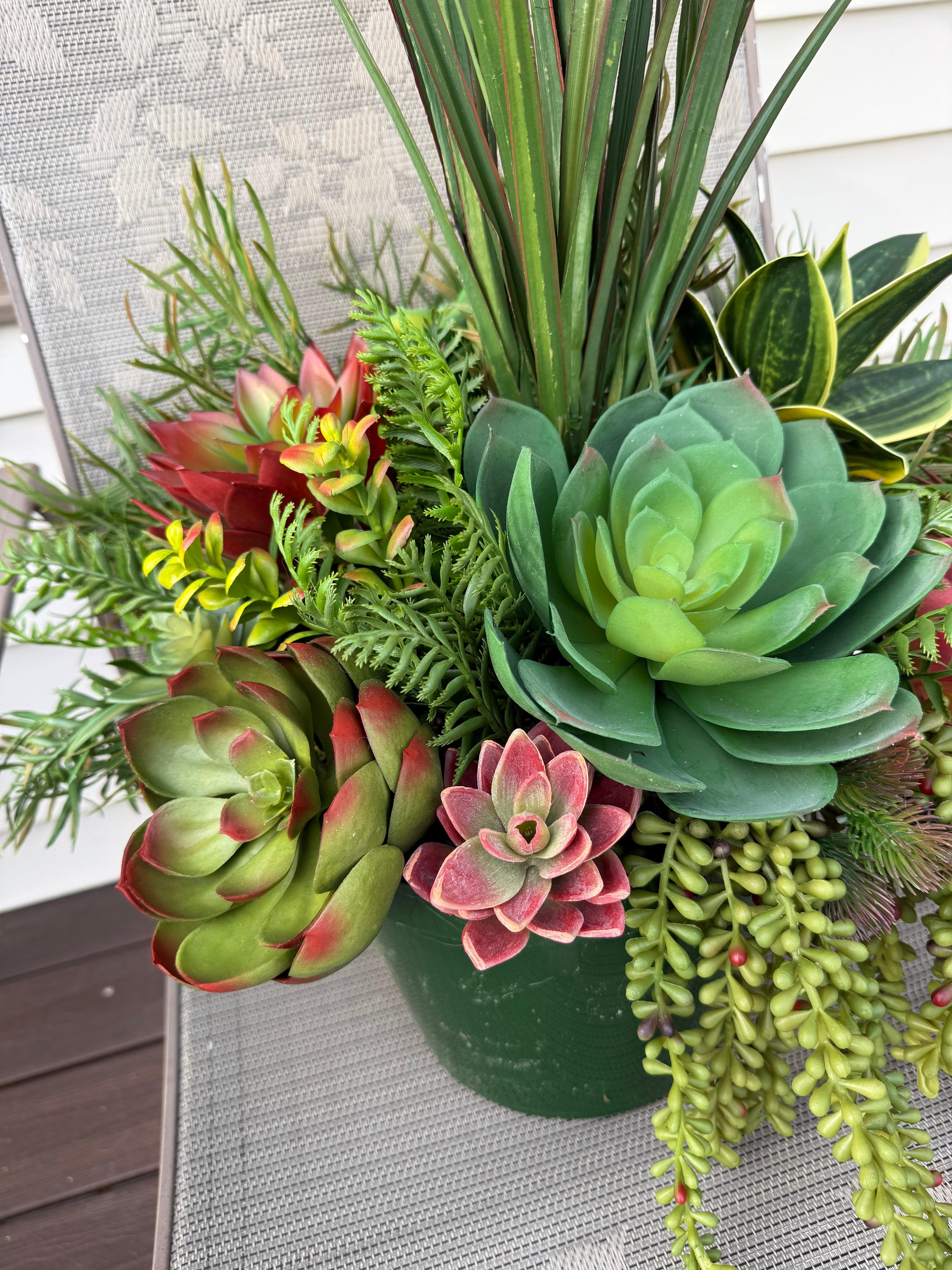 Faux Succulent Urn Arrangement for Front Porch | Outdoor Greenery Planter with Tall Grass Accent