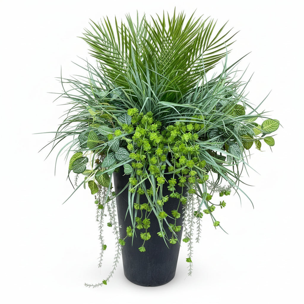Green potted plant on a black door with wooden bench in the background