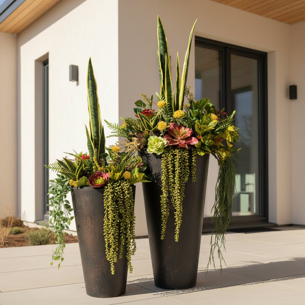 Two artificial planter inserts with a variety of faux succulents and plants in shades of yellow, red, and green, placed in pots by a door.