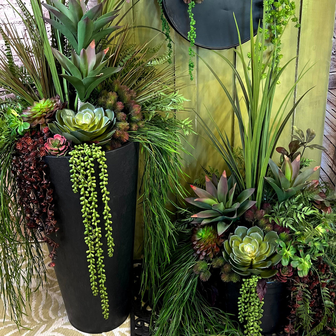 Decorative arrangement of various green plants in a black pot on a white background