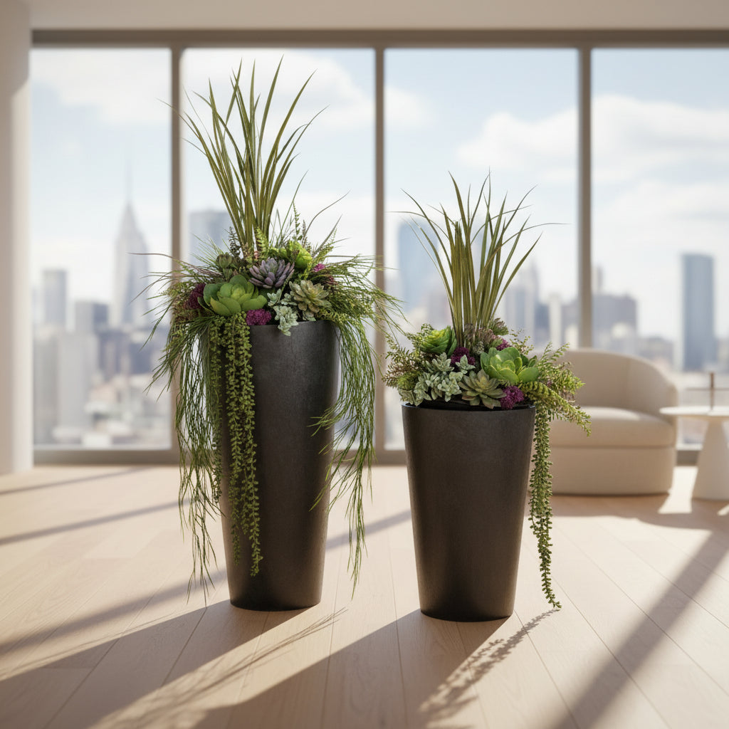 Two black pots with green plants and purple flowers on a wooden floor.