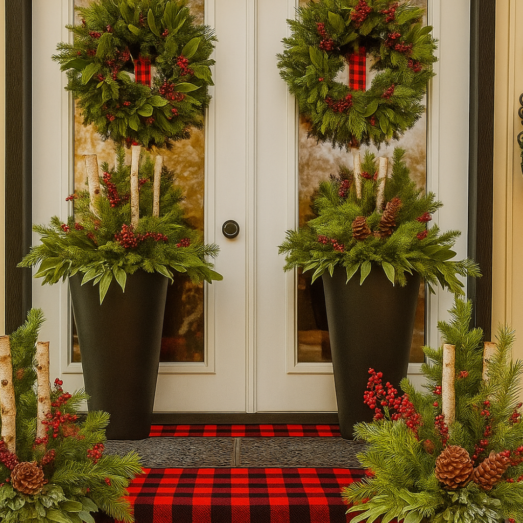 Decorative front door with wreaths, potted plants, and a red and black checkered rug.