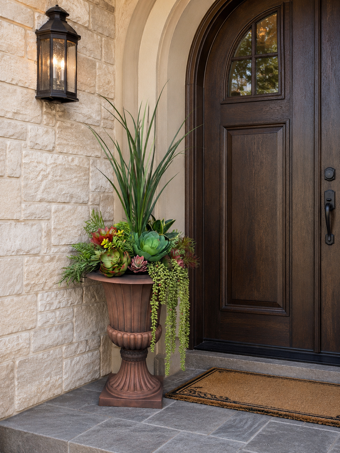 Faux Succulent Urn Arrangement for Front Porch | Outdoor Greenery Planter with Tall Grass Accent