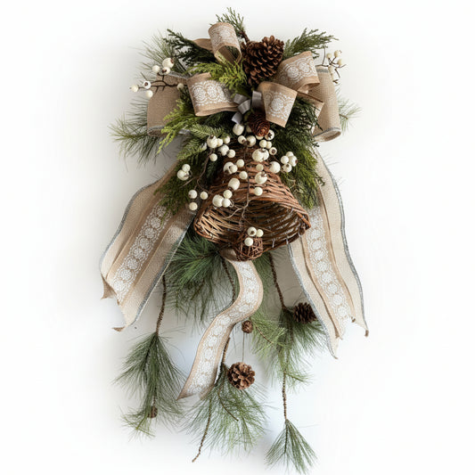 Decorative wreath with greenery, pinecones, and ribbons on a white wooden door.