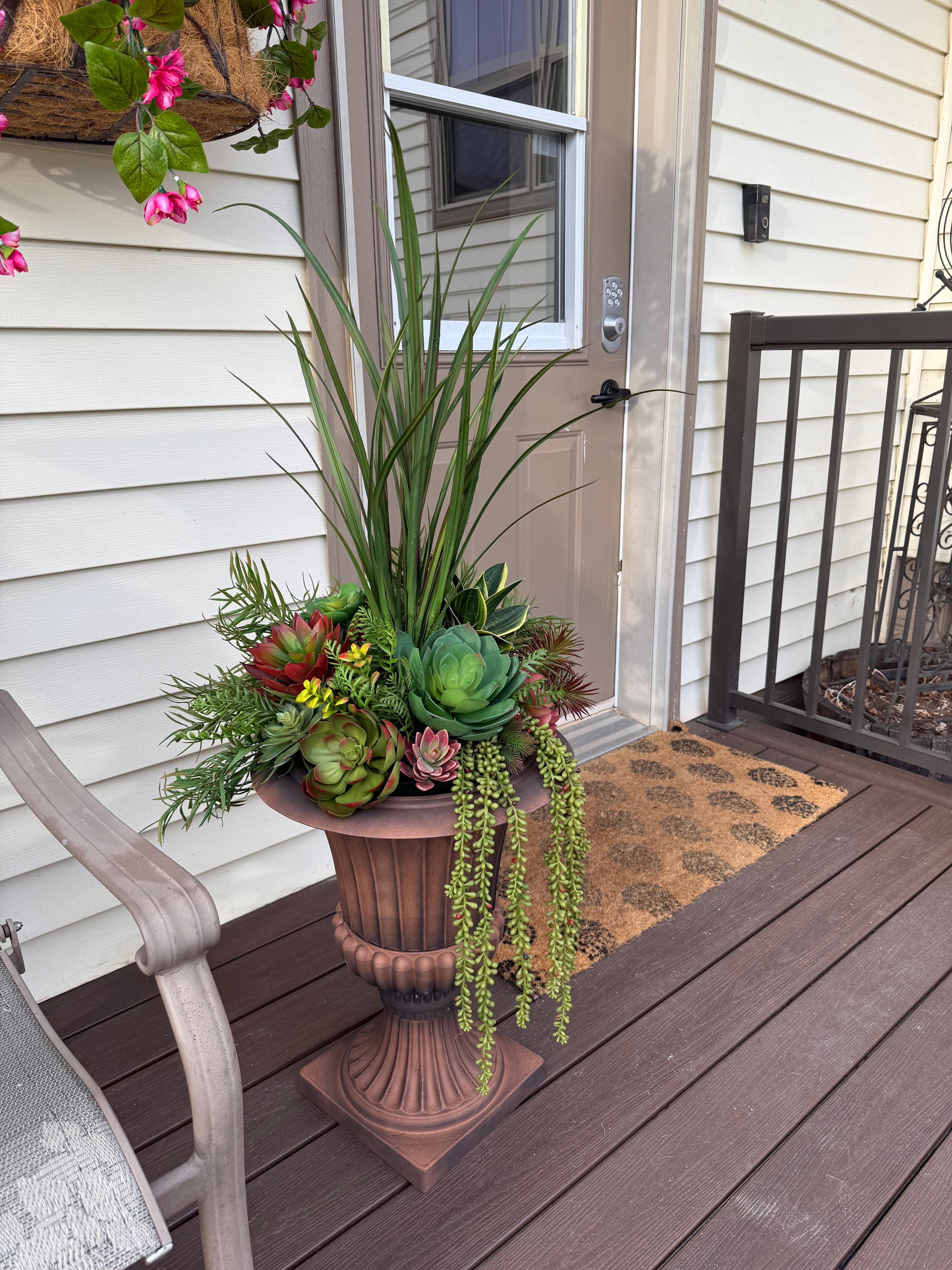 Faux Succulent Urn Arrangement for Front Porch | Outdoor Greenery Planter with Tall Grass Accent