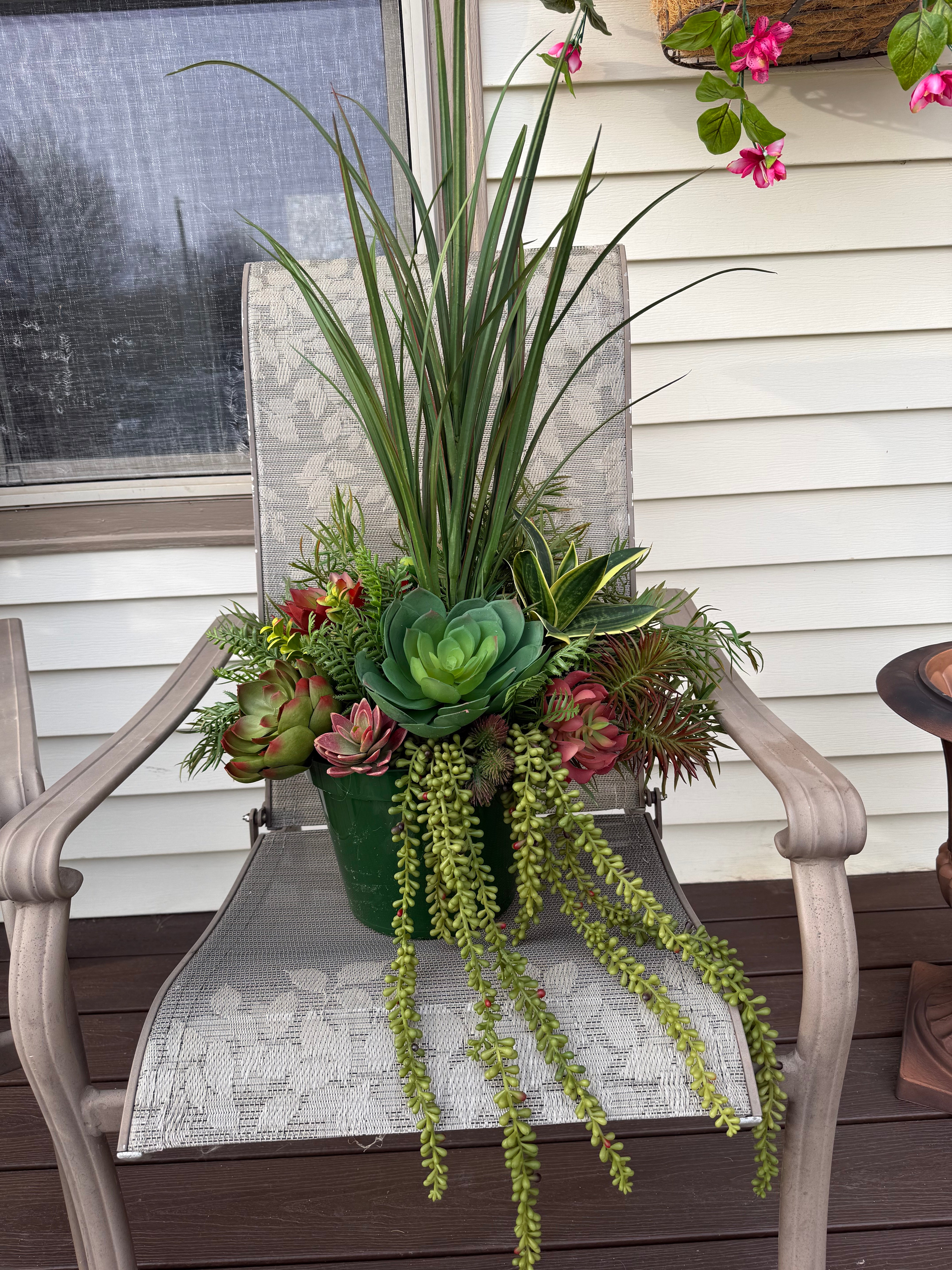 Faux Succulent Urn Arrangement for Front Porch | Outdoor Greenery Planter with Tall Grass Accent