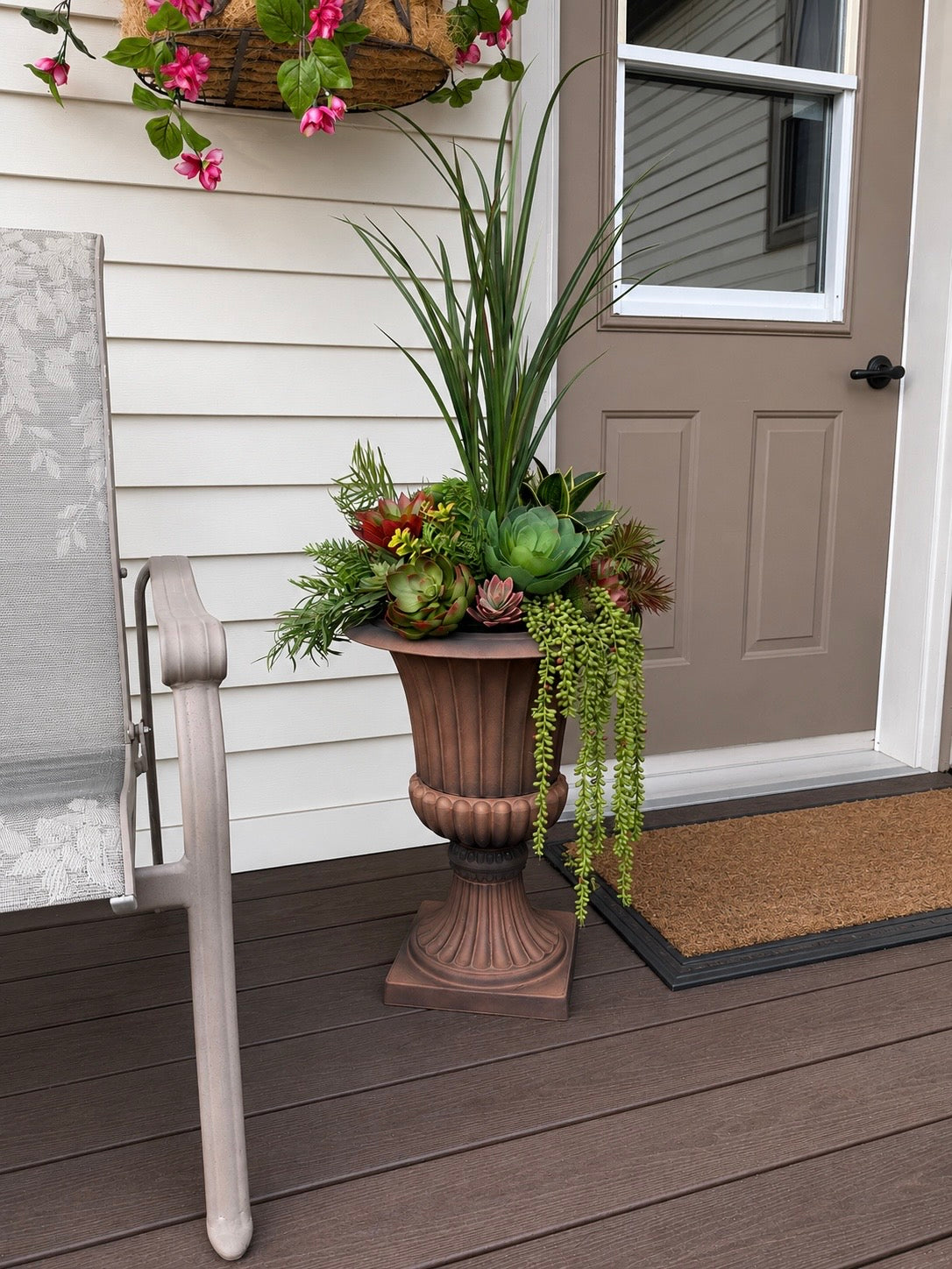 Modern Faux Succulent Urn Arrangement for Front Porch | Outdoor Greenery Planter with Tall Grass Accent