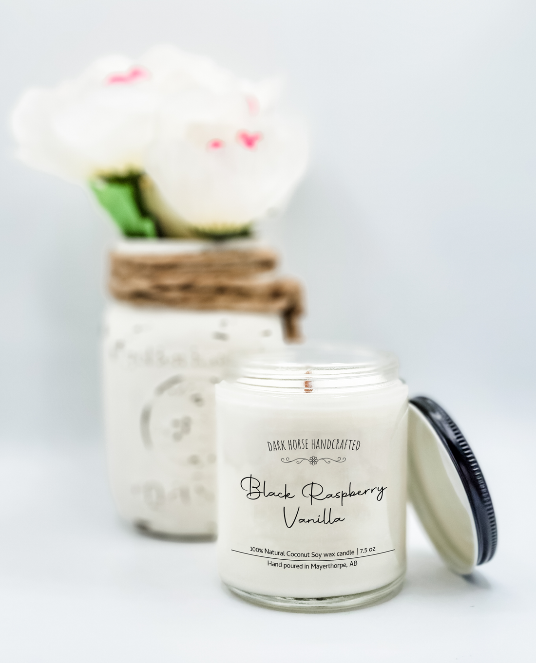 Black Raspberry Vanilla soy candle lit beside a dusty eucalyptus sprig