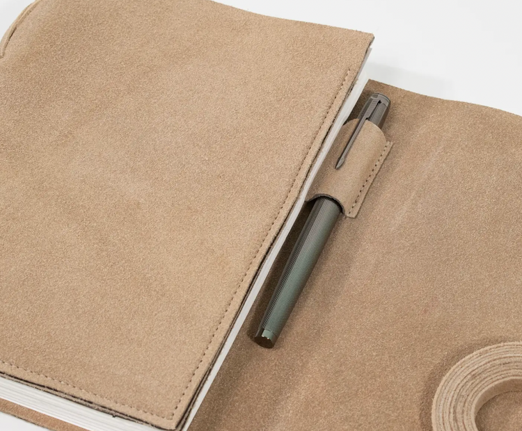 Suede Leather Bound Journal - Taupe & Cognac